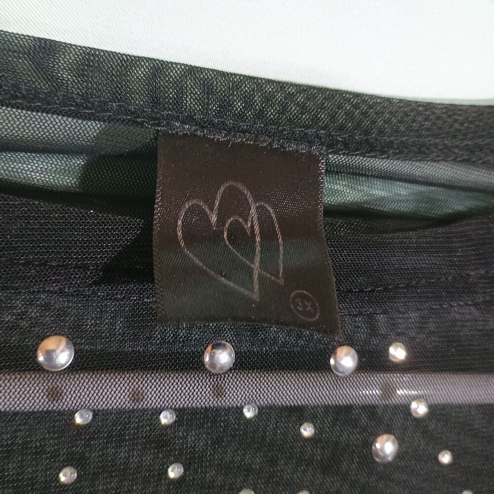 Black Sheer Rhinestone Mesh Top Long Sleeve Sparkly Party Blouse - Picture 3 of 5